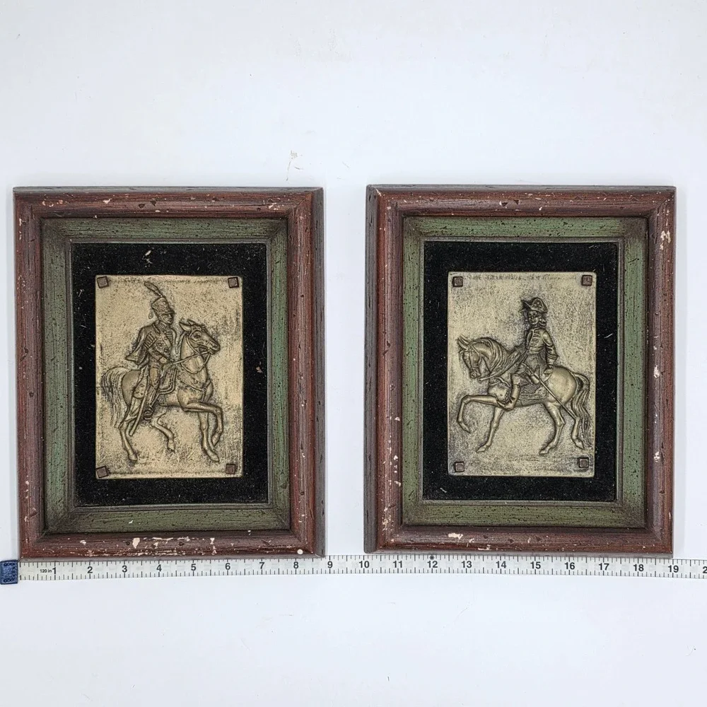 Vintage B&S Creations Brass Relief Cavalry Horseback Soldier Wall Art Pair 4686